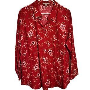 #88 Woman Within Red Floral Print Long Sleeve Button Up Blouse, Size L